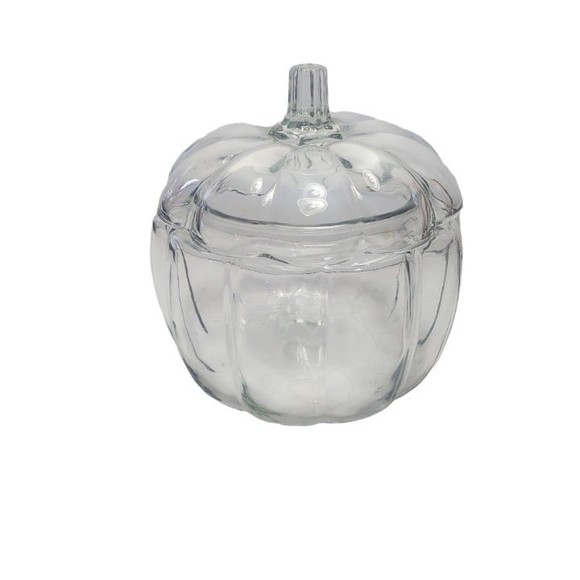 Vintage Anchor Hocking Clear Glass Pumpkin Candy Cookie Jar With Lid - Picture 2 of 4